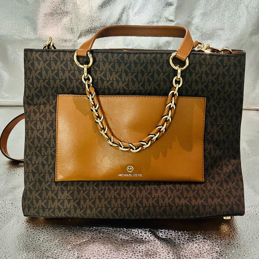 Michael Kors Cece Medium Satchel Bag Brown Women's Monogram Detachable Strap
